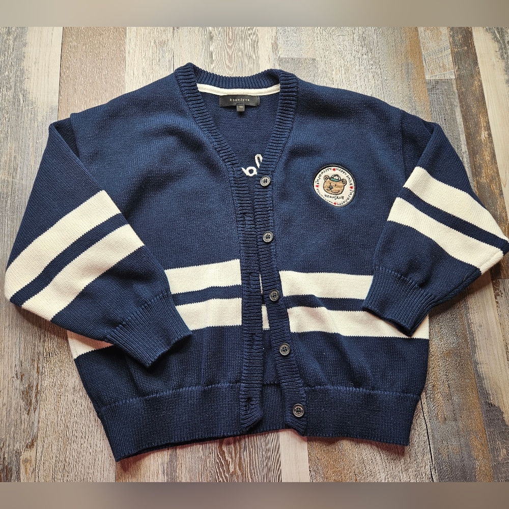 RoanJane Cardigan Sweater 9-10 [130cm] Navy Blue White